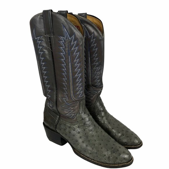 Justin Mens Ostrich Cowboy Boot Sz 7W Wide Gray Leather Blue Stitching Round Toe - Picture 1 of 10